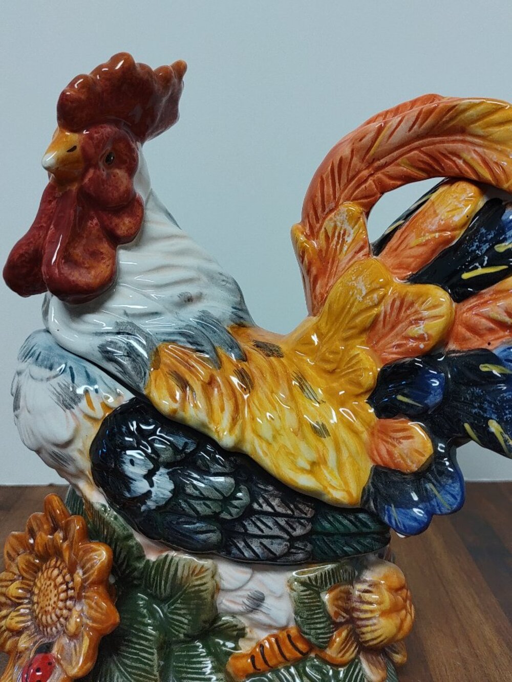 Ceramic Rooster Cookie Jar Candy Dish Farmhouse Kitchen Cottagecore 9" Sunflower